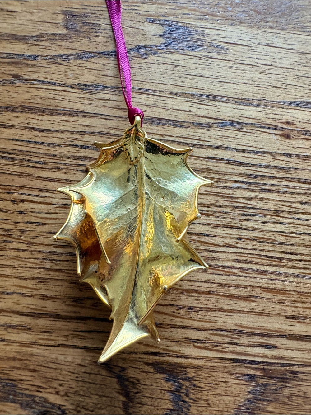 24K Gold Holly Leaf Hanging Christmas Ornament with Burgundy ribbon hanger - Picture 3 of 8
